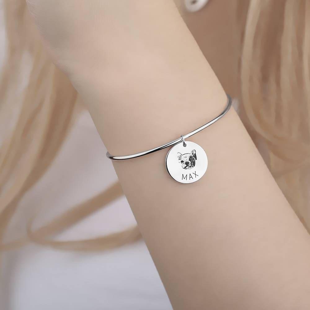 Photo Portrait Bangle with Engraving Round Shape, Custom Portrait Jewellery Platinum Plated - Silver