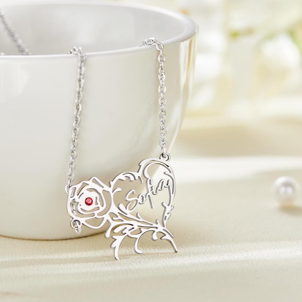Custom Name Birthstone Necklace Rose Heart Shape Exquisite Gifts - soufeeluk