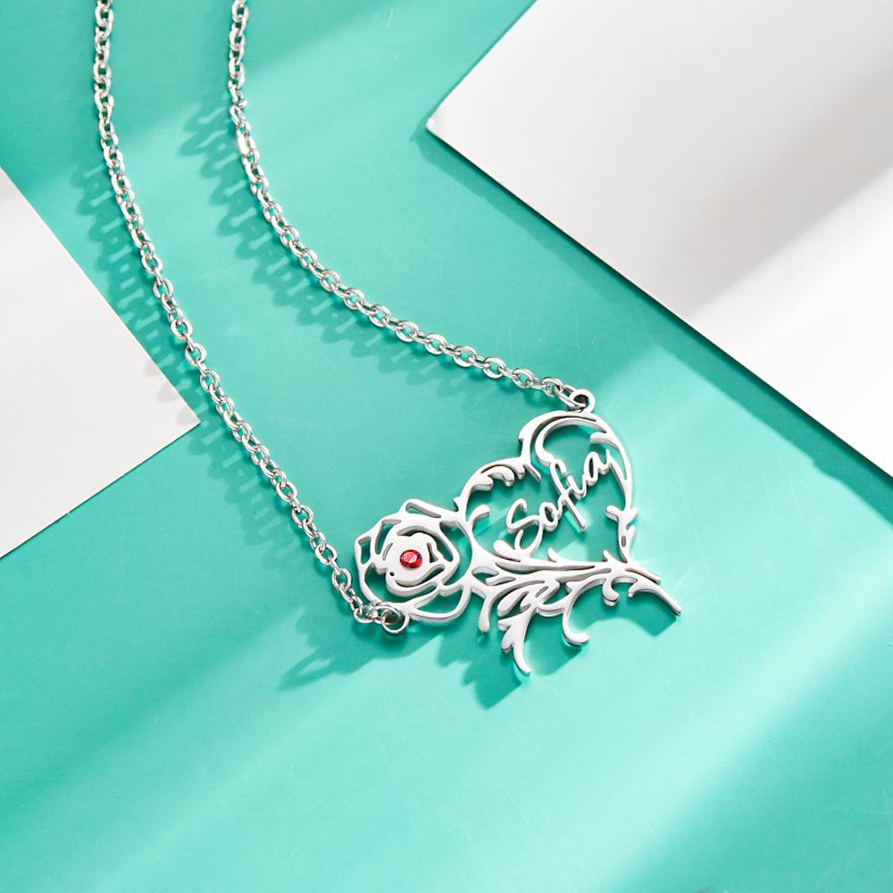 Custom Name Birthstone Necklace Rose Heart Shape Exquisite Gifts - soufeeluk
