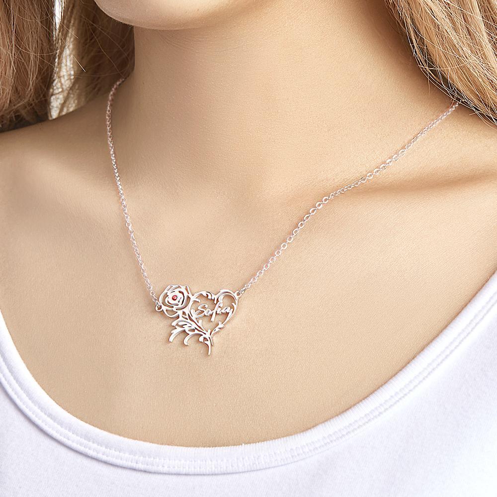 Custom Name Birthstone Necklace Rose Heart Shape Exquisite Gifts - soufeeluk
