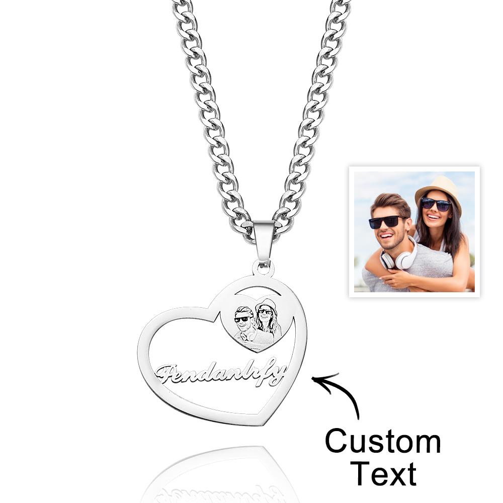 Personalised Photo Engraved Halo Heart Necklace in Gold, Silver & Rose Gold Heart Shaped Locket Pendant Photo Heart Necklace - soufeeluk