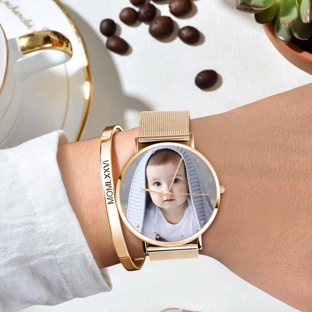 Engraved Women's Black Alloy Bracelet Photo Watch 36mm Christmas Gifts
