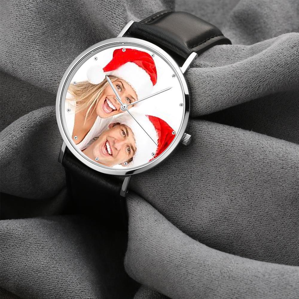 Unisex Engraved Photo Watch Black Leather Strap 40mm Memorial Gift For Her - soufeeluk