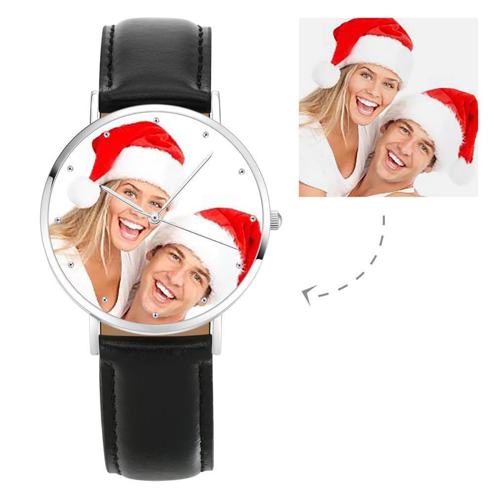 Unisex Engraved Photo Watch Black Leather Strap 40mm Memorial Gift For Her - soufeeluk