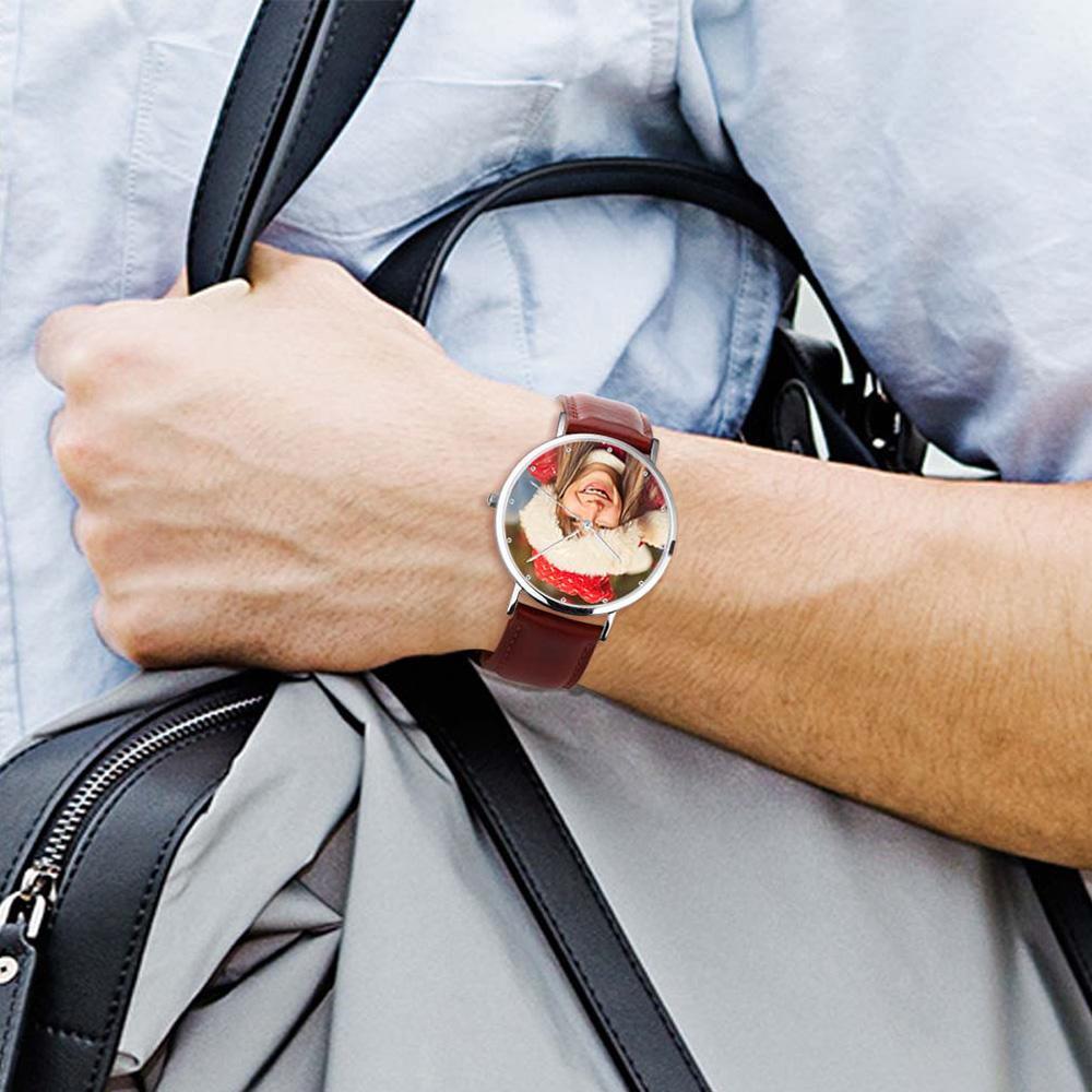 Unisex Engraved Photo Watch Black Leather Strap 40mm Memorial Gift For Her - soufeeluk