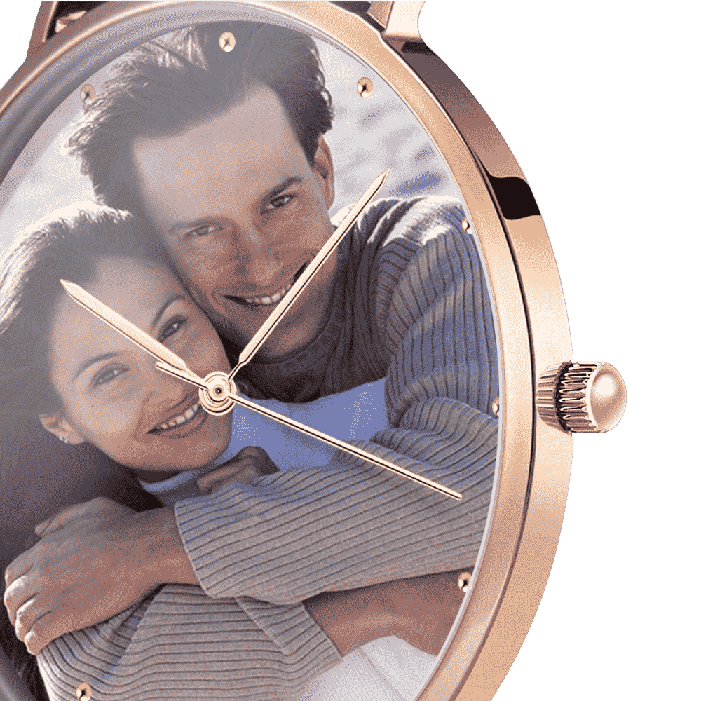 Unisex Engraved Rose Goldtone Photo Watch Brown Leather Strap 40mm