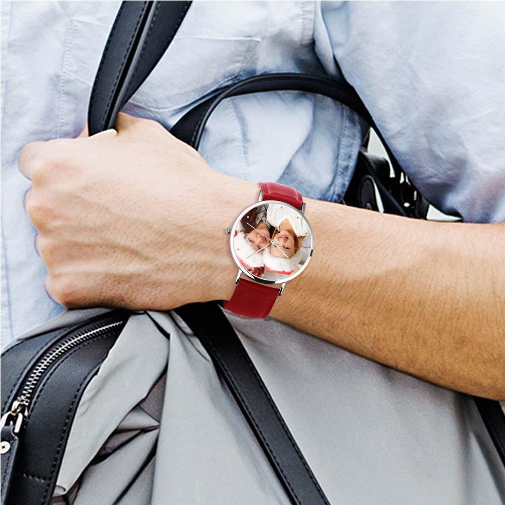 Unisex Engraved Photo Watch Black Leather Strap 40mm Memorial Gift For Her - soufeeluk