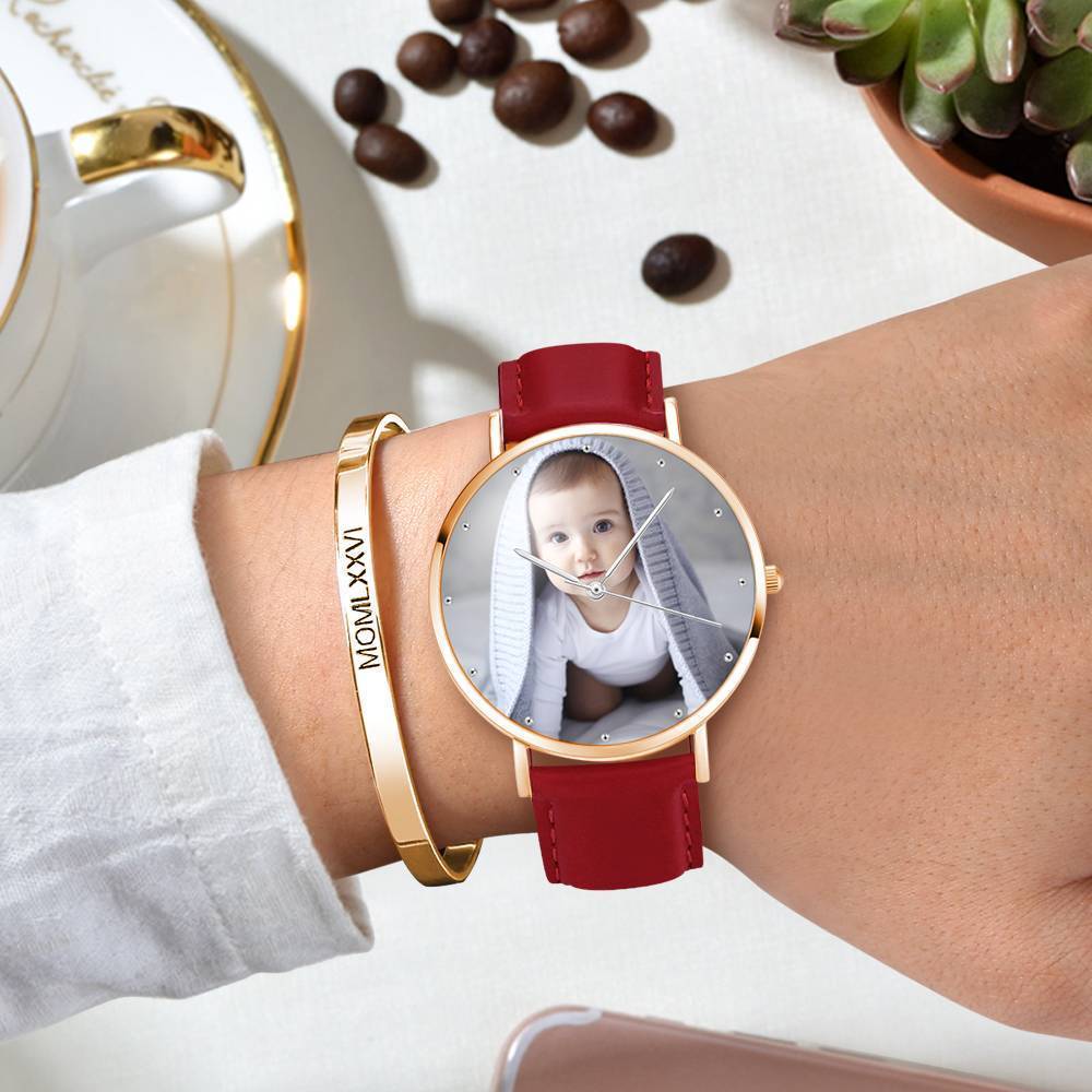 Women's Engraved Rose Goldtone Photo Watch Red Leather Strap 40mm