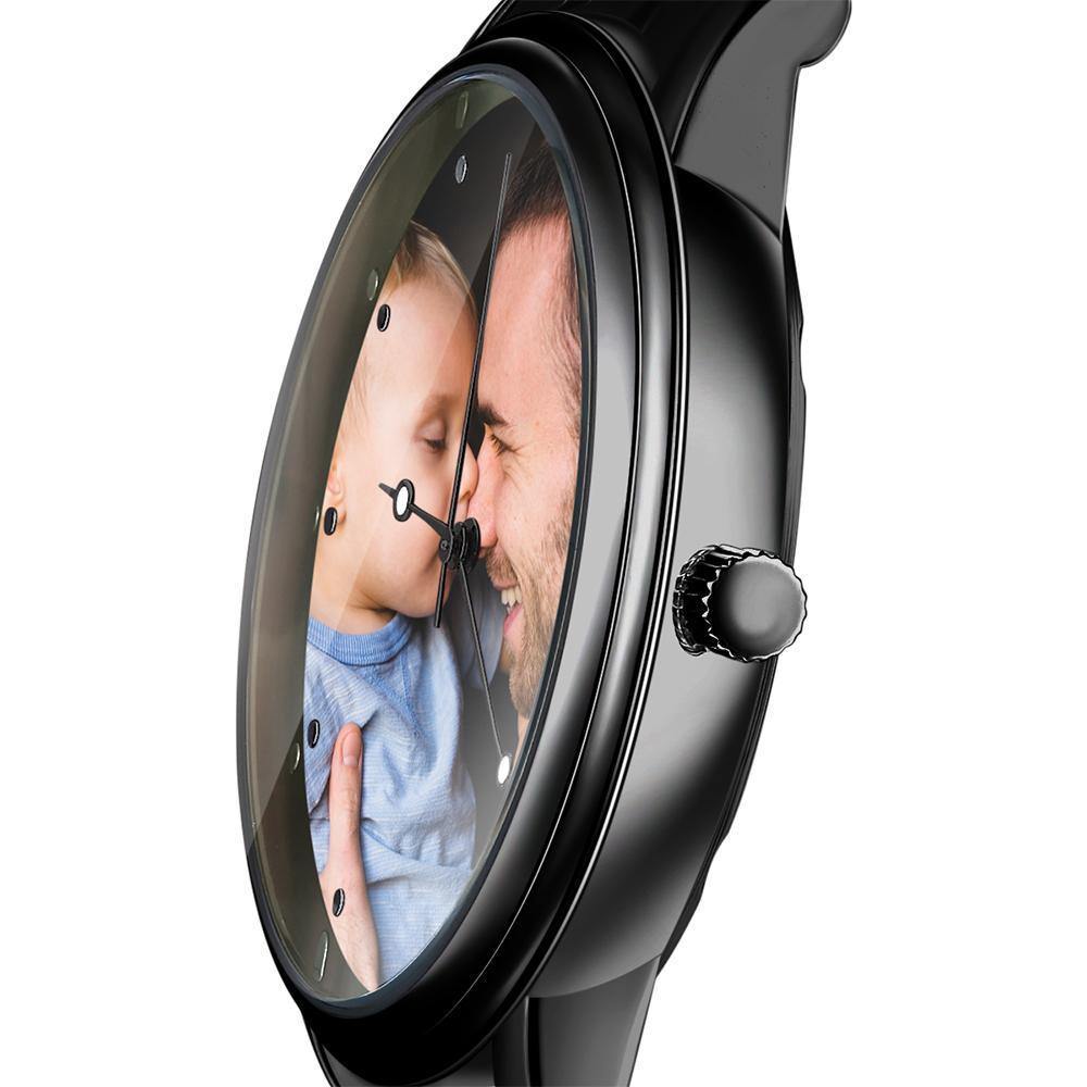 Engraved Men's Black Alloy Bracelet Photo Watch 38mm Christmas Gift - soufeeluk