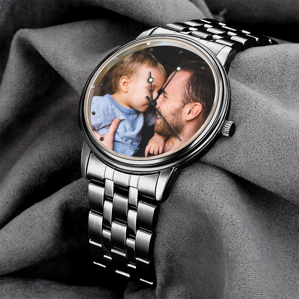 Engraved Men's Black Alloy Bracelet Photo Watch 38mm Christmas Gift - soufeeluk