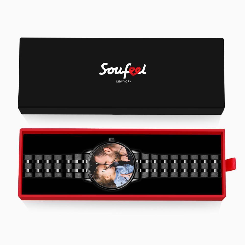 Engraved Men's Black Alloy Bracelet Photo Watch 38mm Christmas Gift - soufeeluk