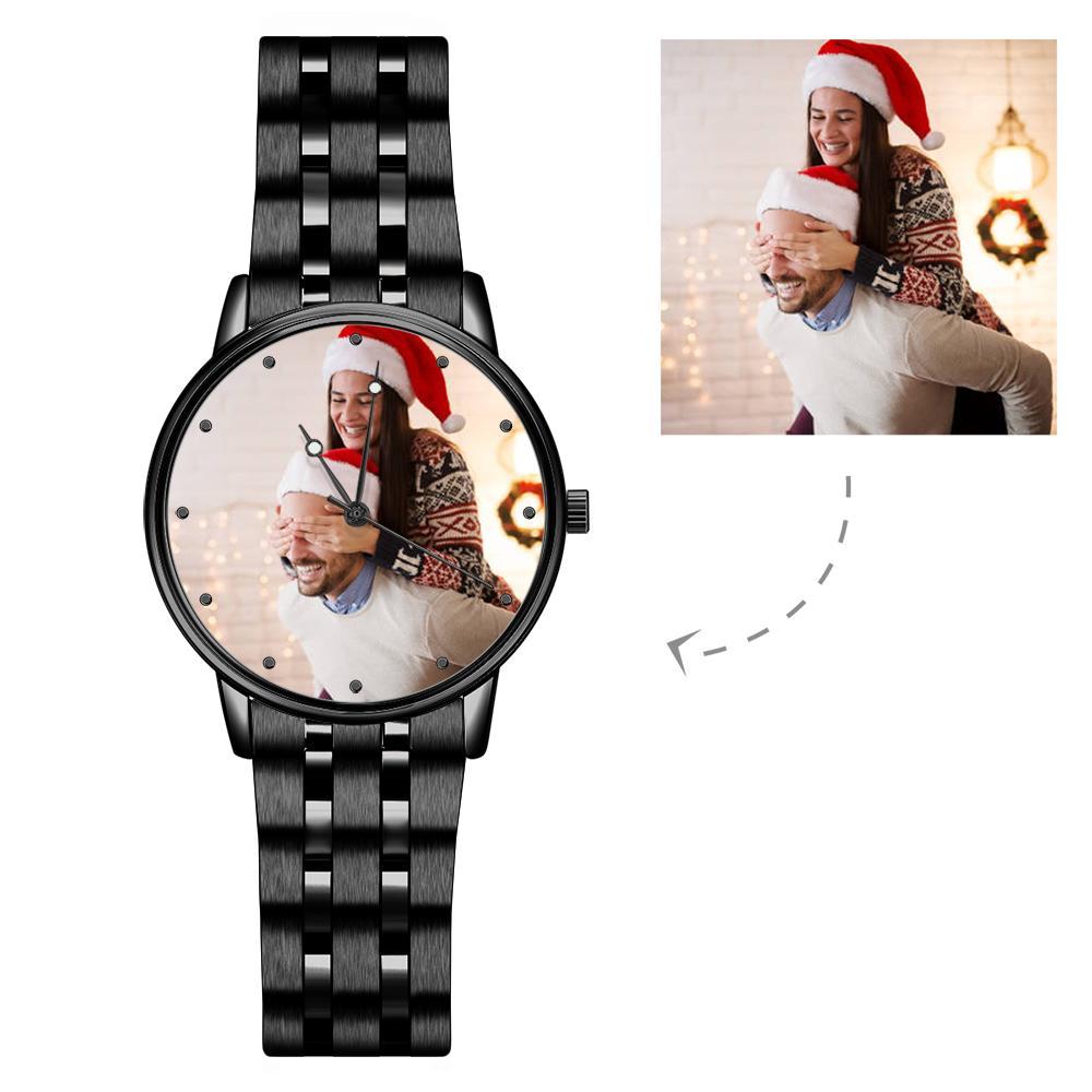 Engraved Men's Black Alloy Bracelet Photo Watch 38mm Christmas Gift - soufeeluk