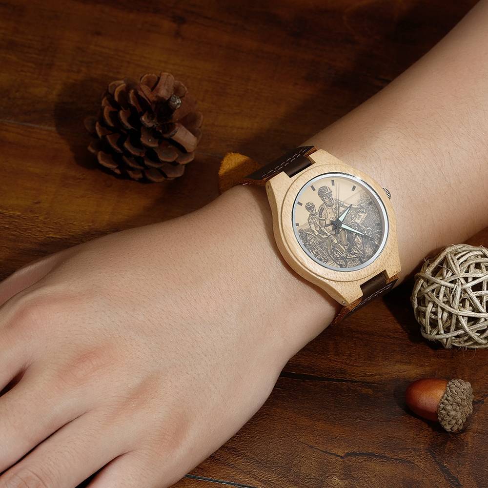 Women's Engraved Bamboo Photo Watch Brown Leather Strap 40mm