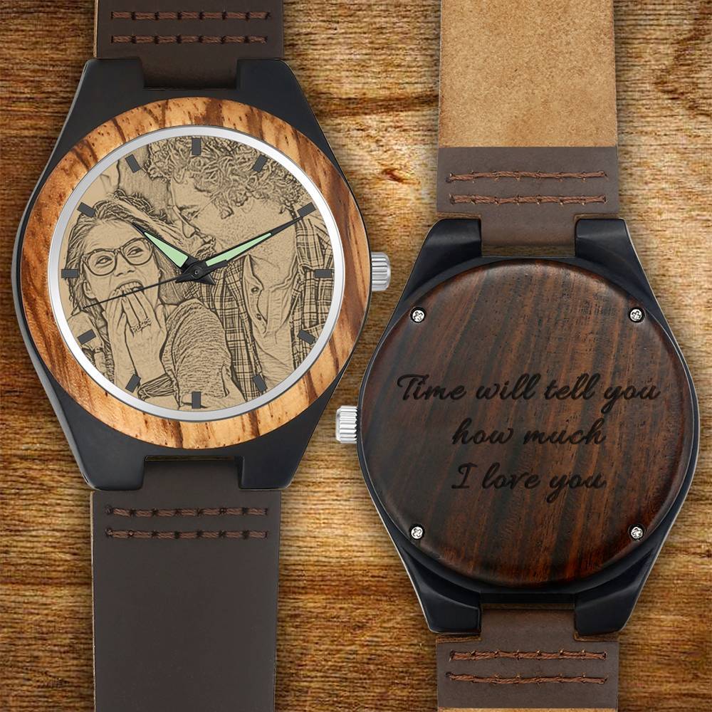 Men's Engraved Wooden Photo Watch Brown Leather Strap 45mm