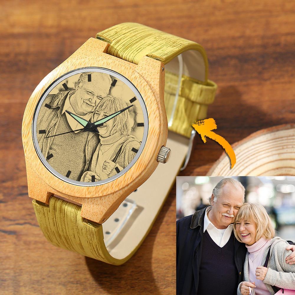 Women's Engraved Bamboo Photo Watch Brown Leather Strap 40mm