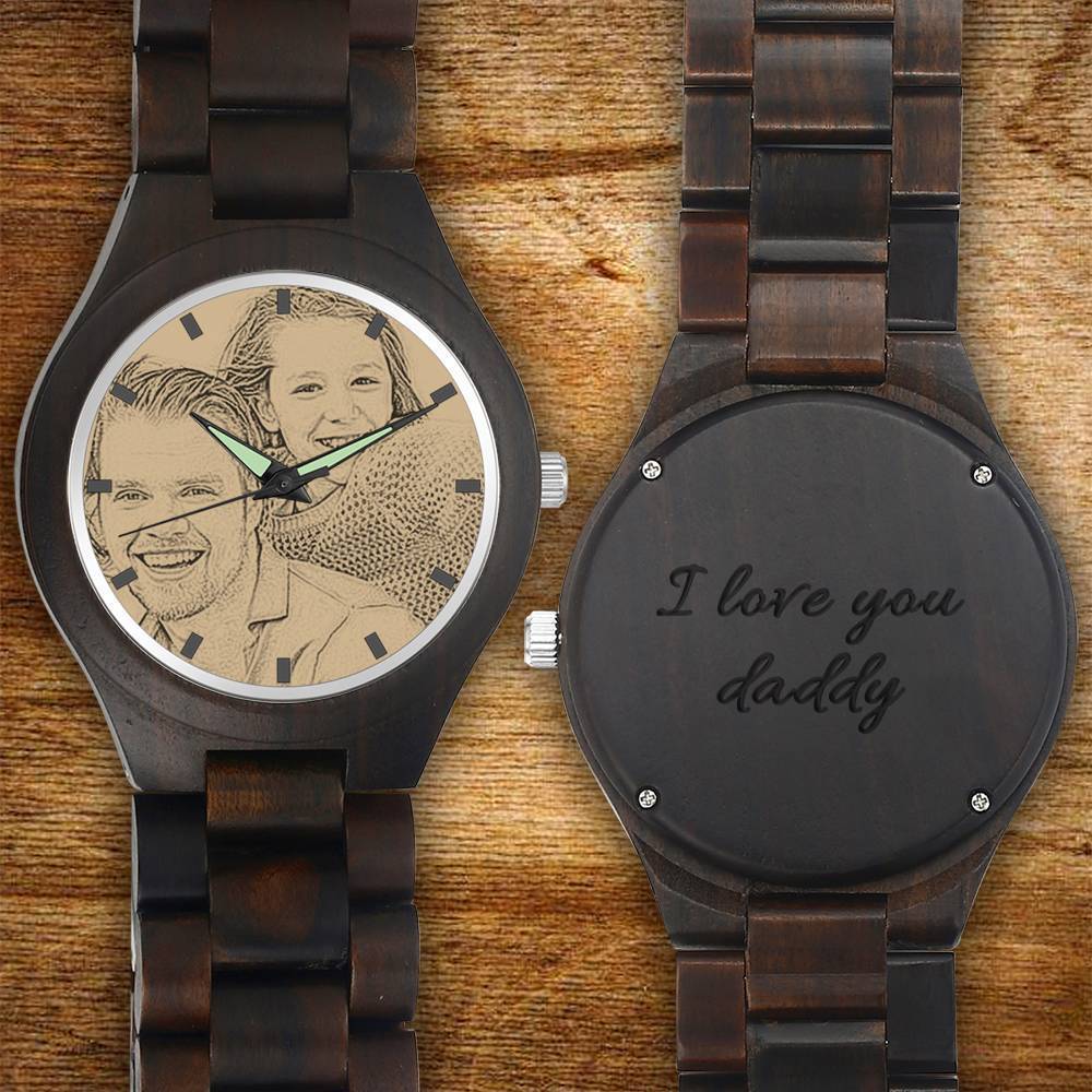 Men's Engraved Wooden Photo Watch Wooden Strap 45mm