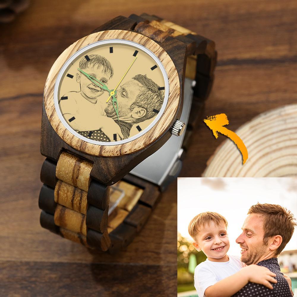 Men's Engraved Wooden Photo Watch Wooden Strap 45mm