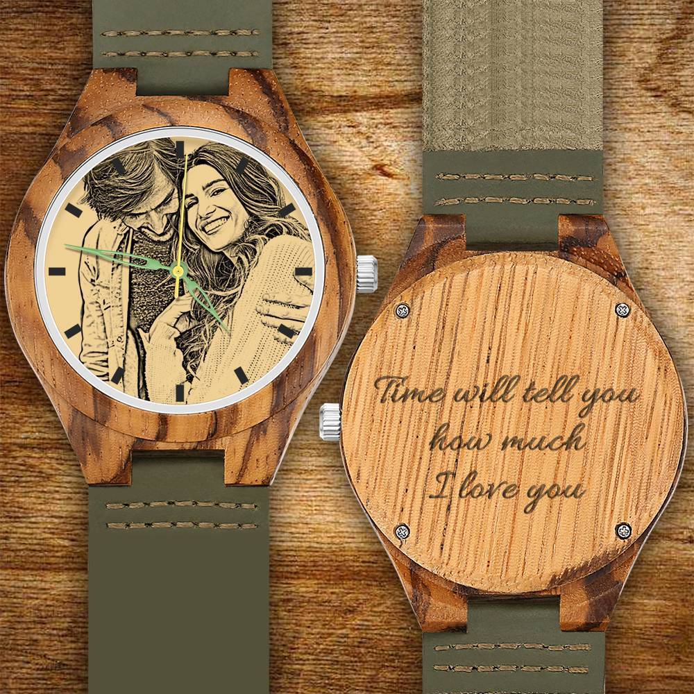 Men's Engraved Wooden Photo Watch Dark Green Leather Strap 45mm