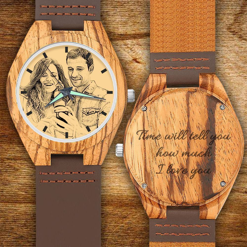 Men's Engraved Wooden Photo Watch Brown Leather Strap 45mm