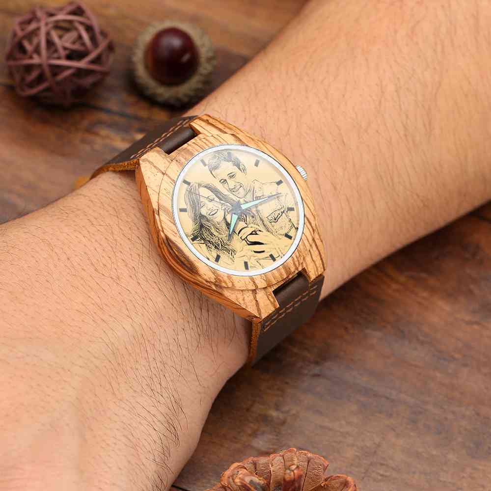 Men's Engraved Wooden Photo Watch Brown Leather Strap 45mm