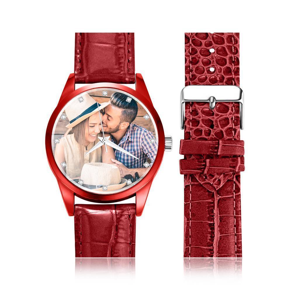 Personalised Engraved Watch, Photo Watch with Red Leather Strap Men's - Gift for Boyfriend
