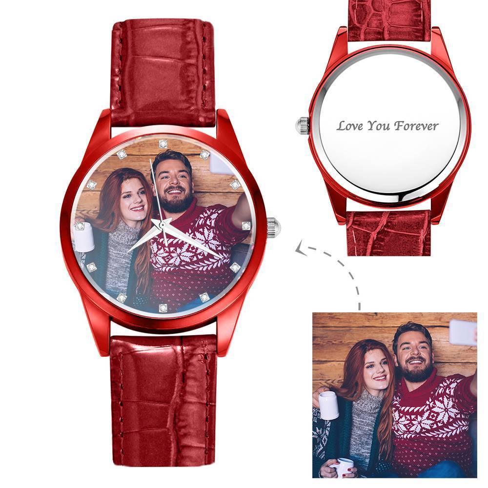 Personalised Engraved Watch, Photo Watch with Red Leather Strap Women's