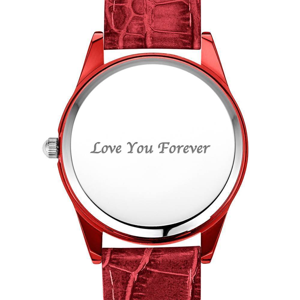 Personalised Engraved Watch, Photo Watch with Red Leather Strap Women's