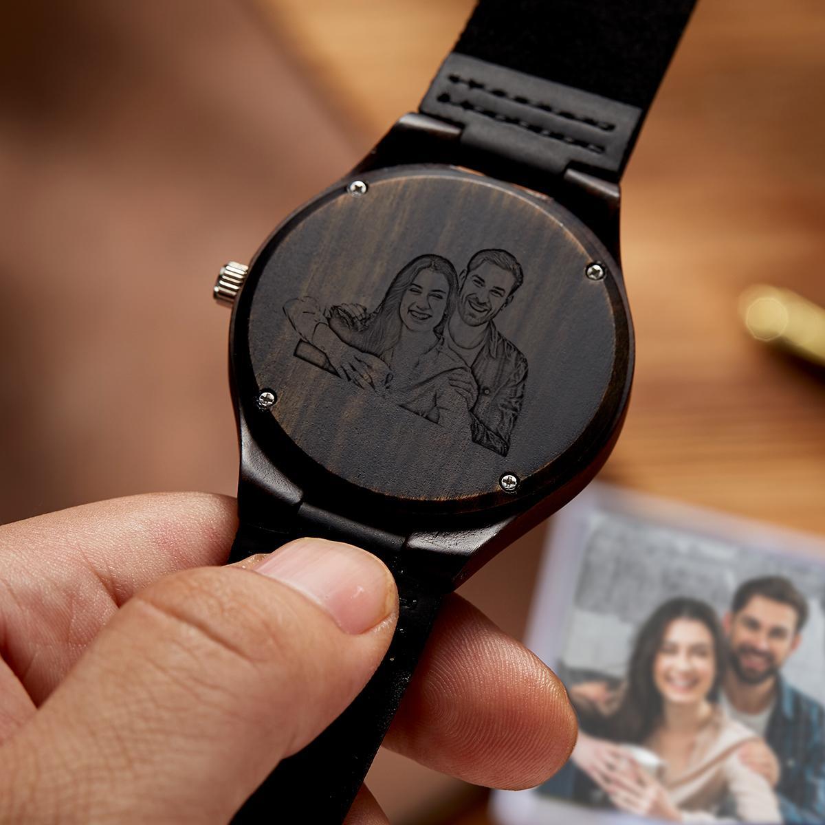 Custom Photo Watch Wooden Watch Leather Strap for Him - soufeeluk