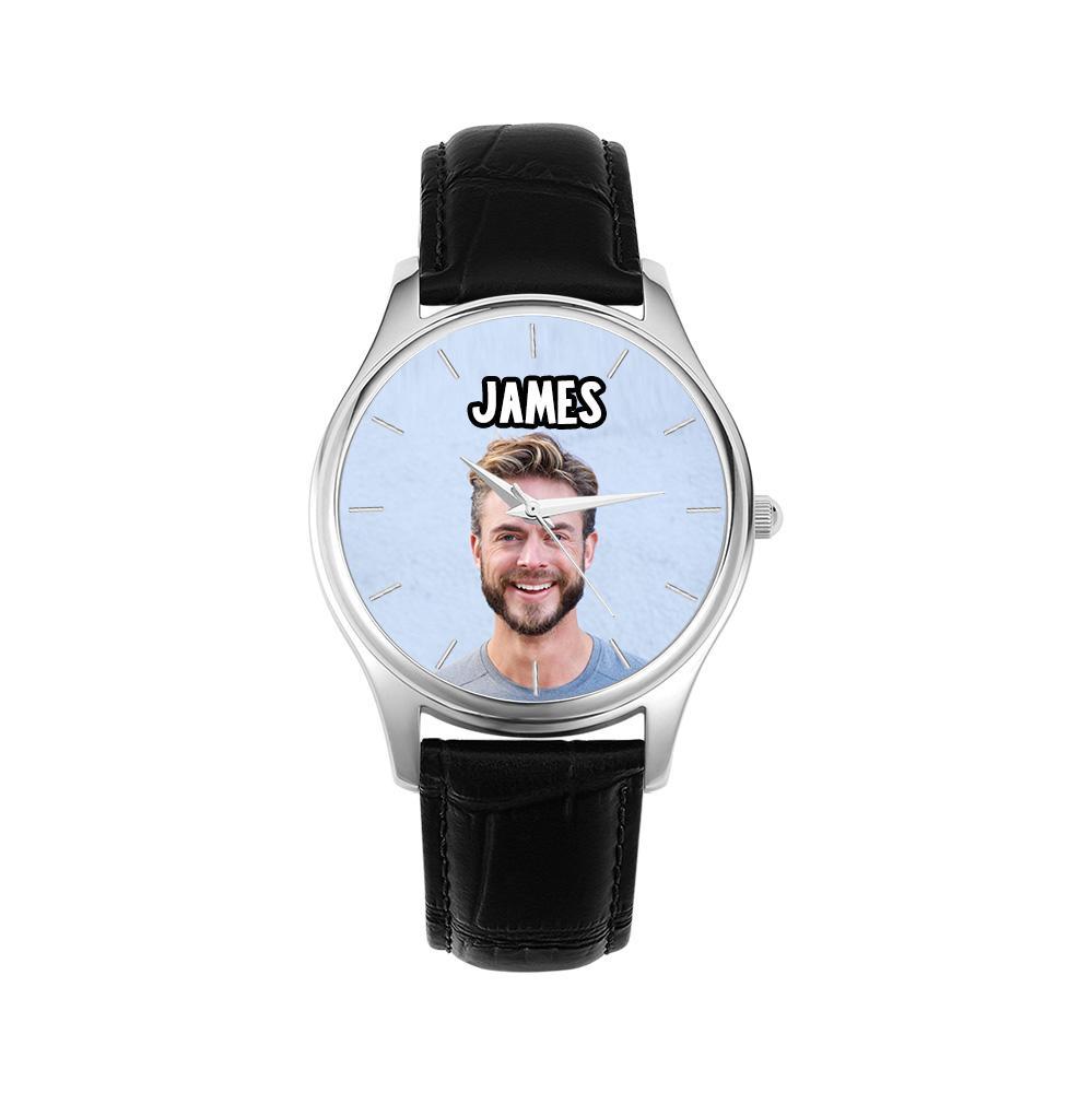 Custom Name Photo Watch 40mm Black Leather Strap Personalised Gift for Him - soufeeluk