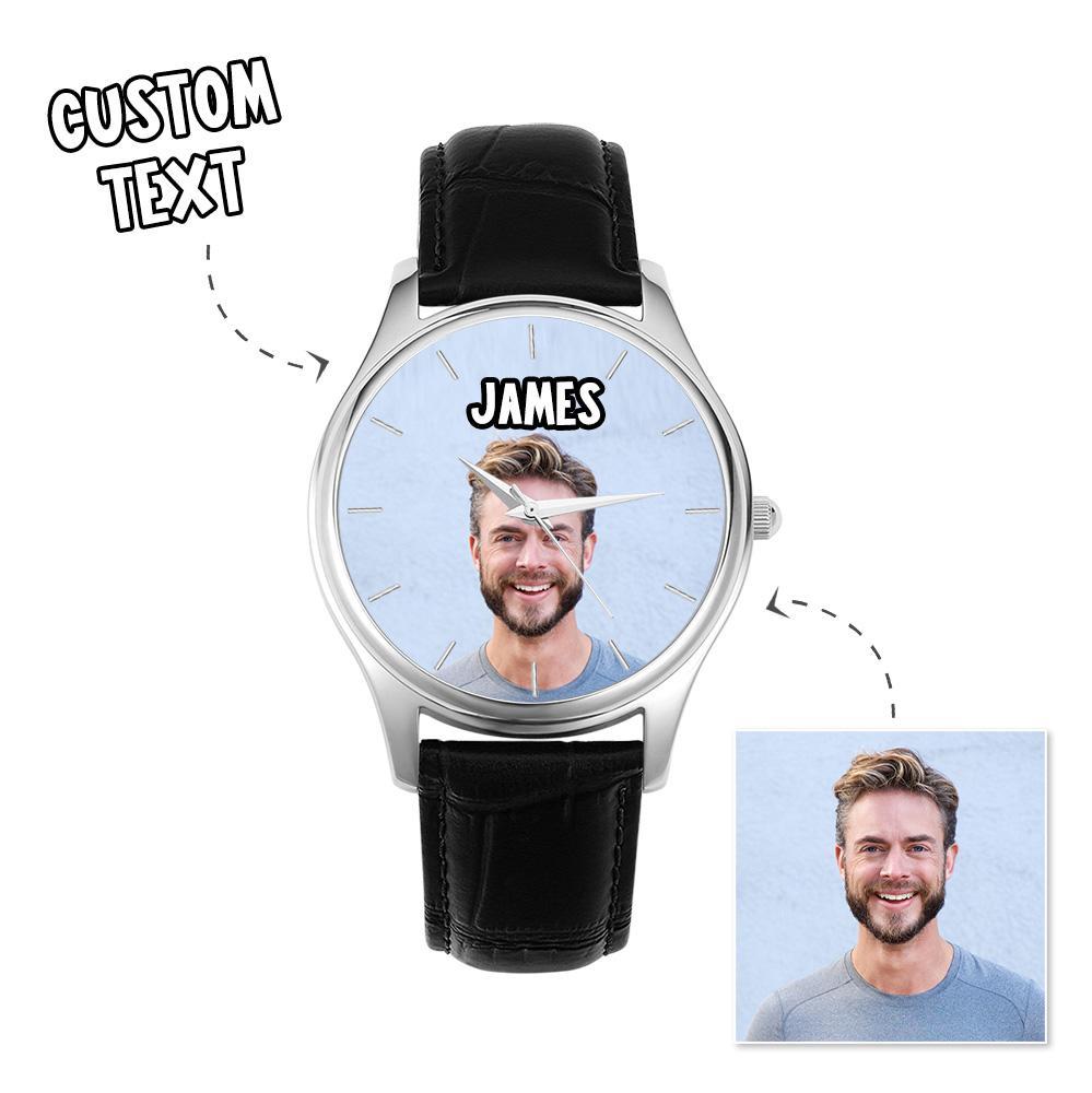 Custom Name Photo Watch 40mm Black Leather Strap Personalised Gift for Him - soufeeluk