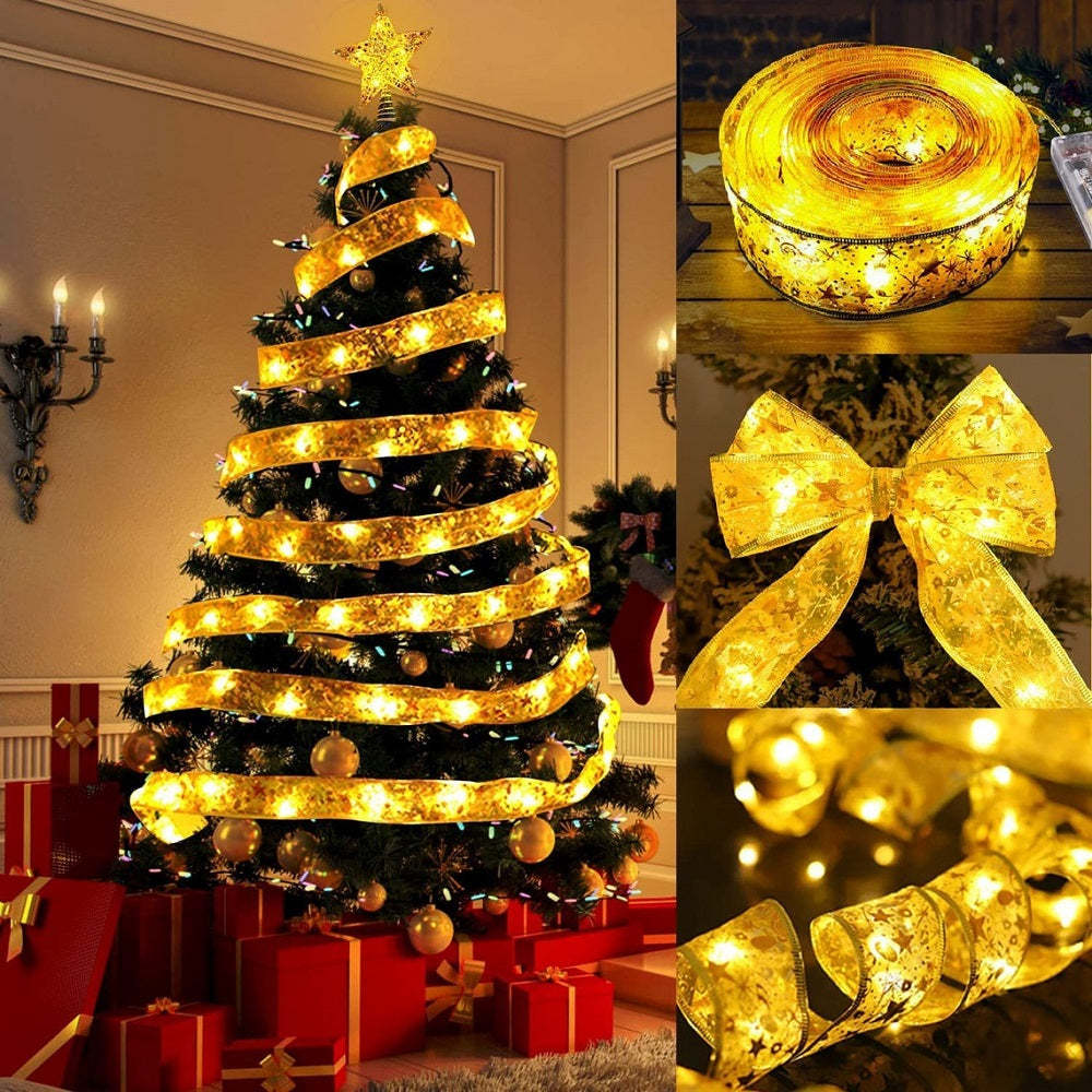 Christmas Fairy Lights Xmas Tree Ribbon Lights Copper Wire Ribbon Bows Lights for Holiday Party Decoration - soufeeluk