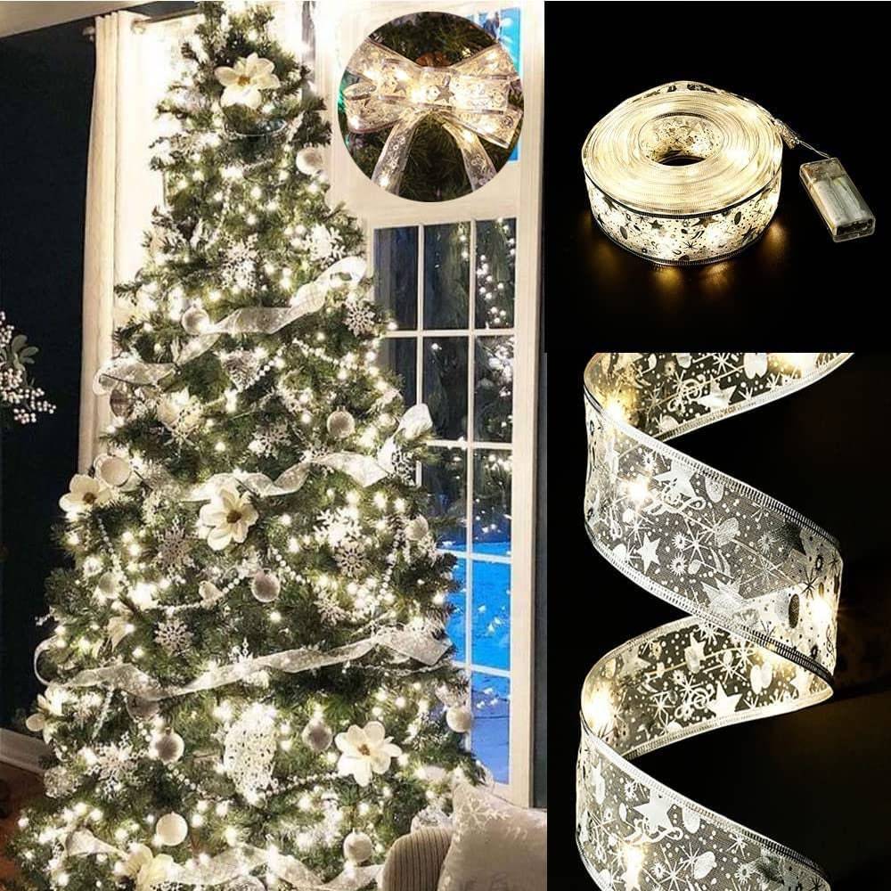 Christmas Fairy Lights Xmas Tree Ribbon Lights Copper Wire Ribbon Bows Lights for Holiday Party Decoration - soufeeluk