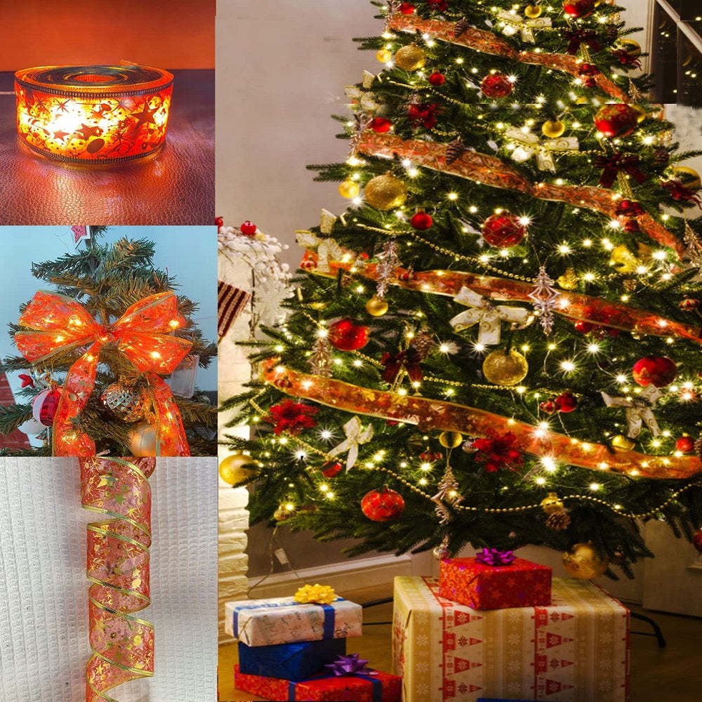 Christmas Fairy Lights Xmas Tree Ribbon Lights Copper Wire Ribbon Bows Lights for Holiday Party Decoration - soufeeluk