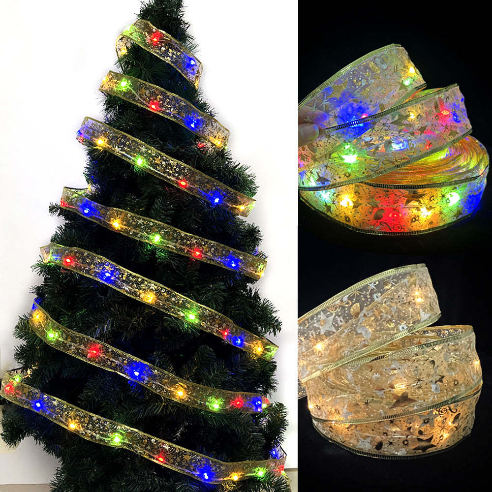 Christmas Fairy Lights Xmas Tree Ribbon Lights Copper Wire Ribbon Bows Lights for Holiday Party Decoration - soufeeluk