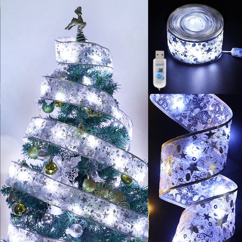 Christmas Fairy Lights Xmas Tree Ribbon Lights Copper Wire Ribbon Bows Lights for Holiday Party Decoration - soufeeluk