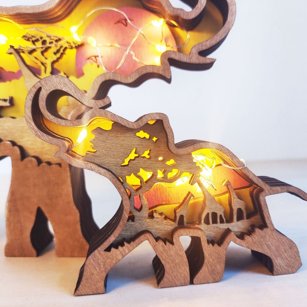 3D Wooden Elephant Light Wooden Carved Cute Animal Desktop Ornaments - soufeeluk