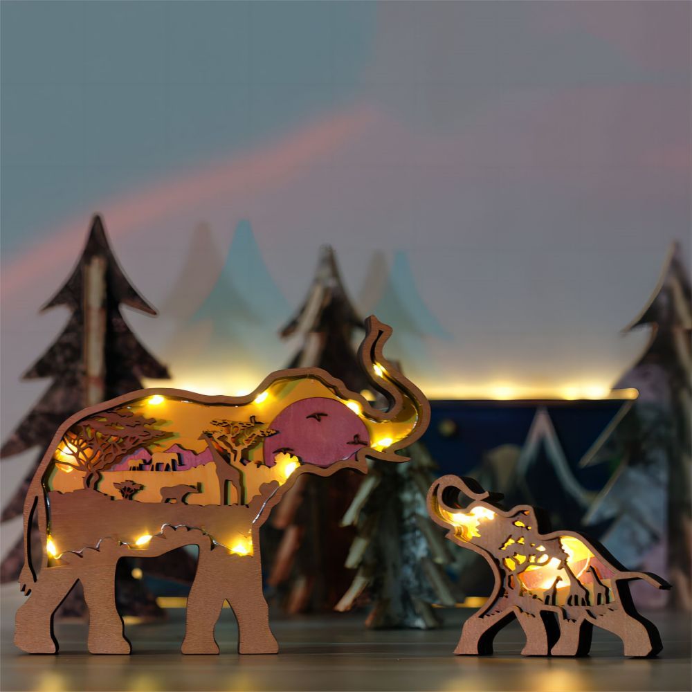 3D Wooden Elephant Light Wooden Carved Cute Animal Desktop Ornaments - soufeeluk