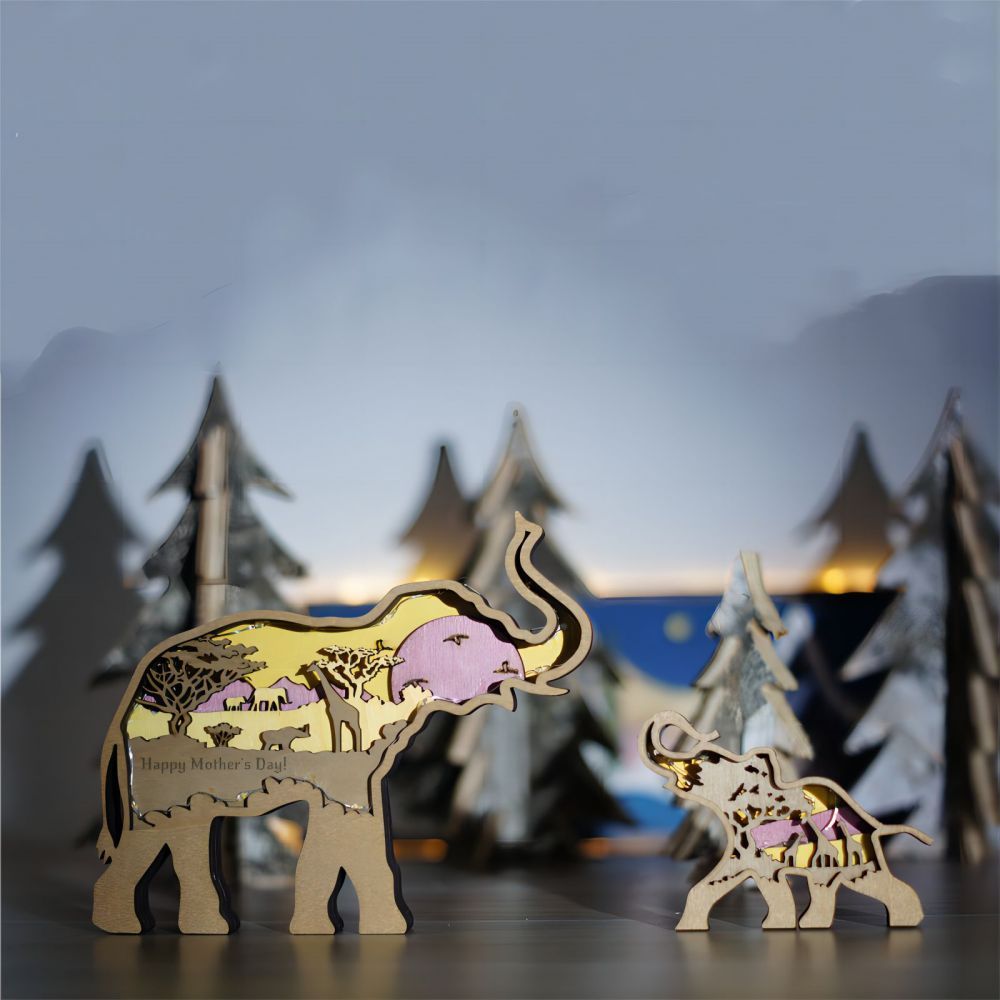 3D Wooden Elephant Light Wooden Carved Cute Animal Desktop Ornaments - soufeeluk