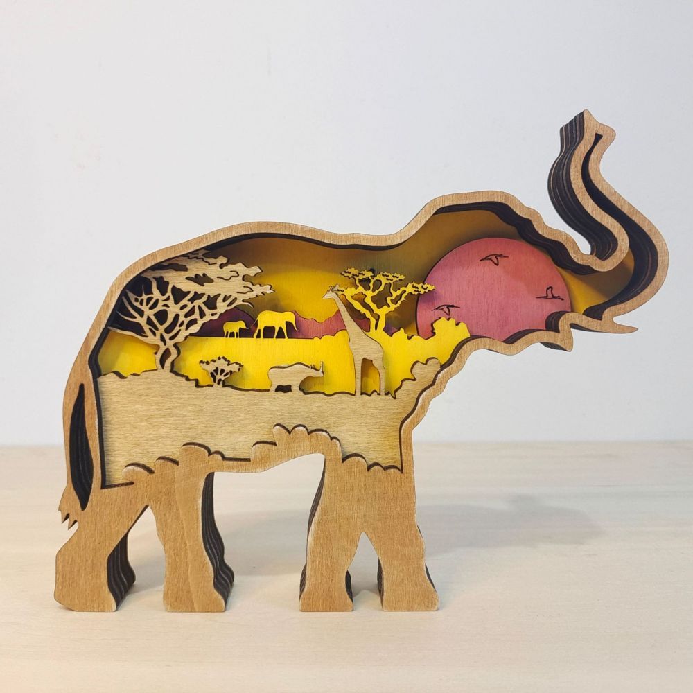 3D Wooden Elephant Light Wooden Carved Cute Animal Desktop Ornaments - soufeeluk
