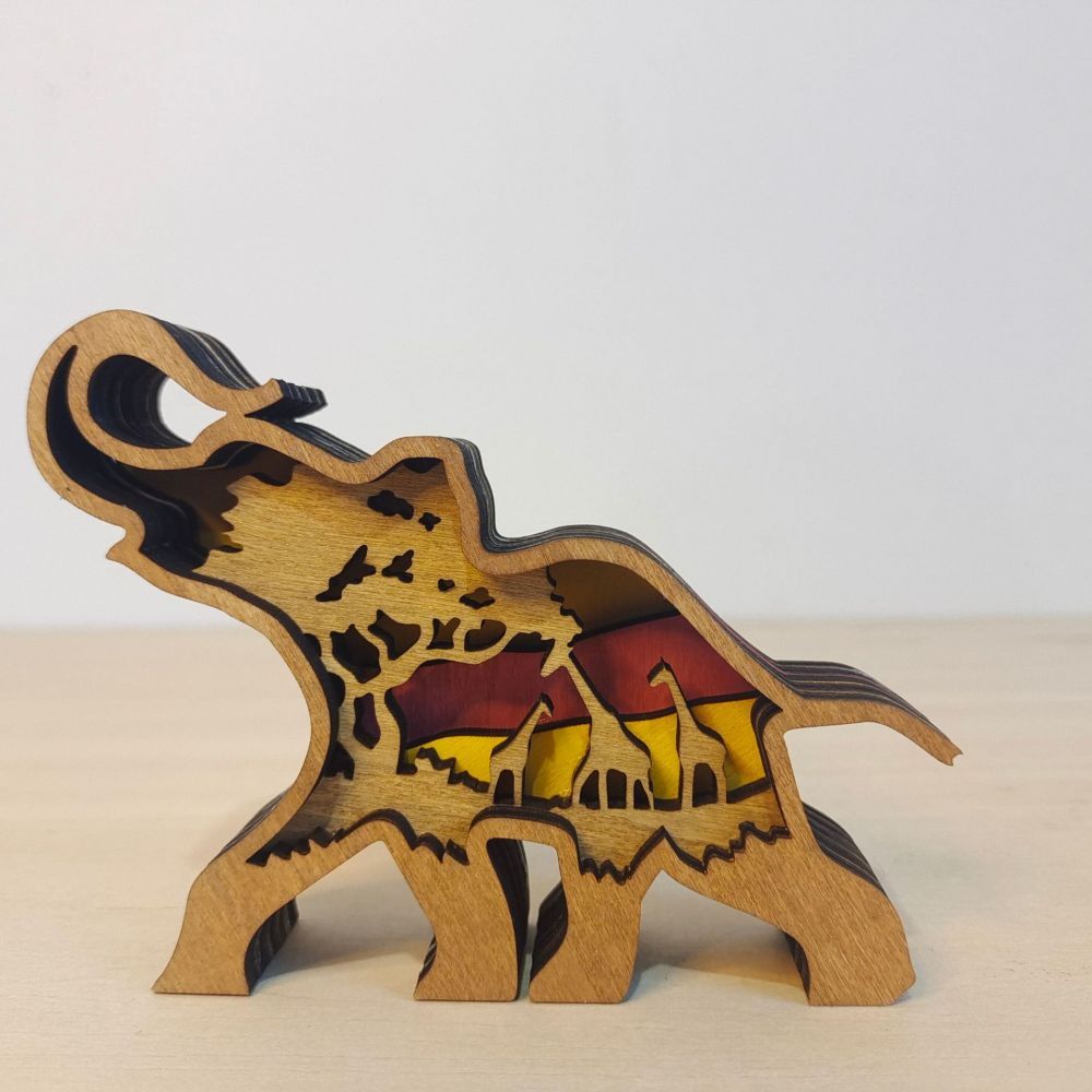 3D Wooden Elephant Light Wooden Carved Cute Animal Desktop Ornaments - soufeeluk