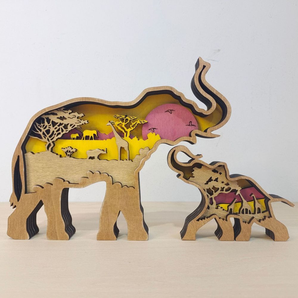 3D Wooden Elephant Light Wooden Carved Cute Animal Desktop Ornaments - soufeeluk