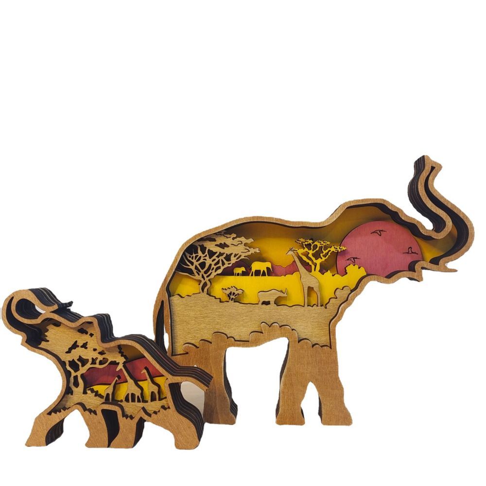 3D Wooden Elephant Light Wooden Carved Cute Animal Desktop Ornaments - soufeeluk