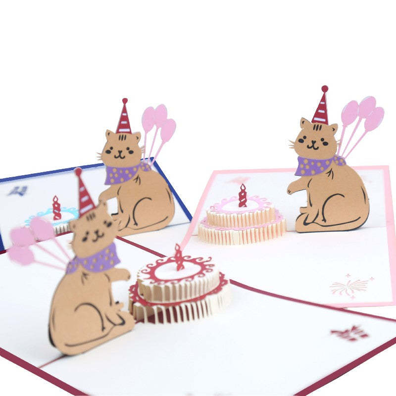 Cat Birthday Card 3D Pop-up Greeting Card Creative Cake Gift Card - soufeeluk