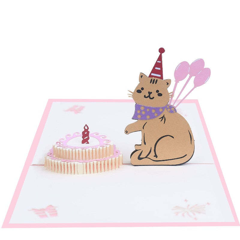 Cat Birthday Card 3D Pop-up Greeting Card Creative Cake Gift Card - soufeeluk