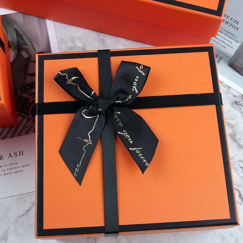 Orange Square Shaped Presentation Gift Box with Bow Ribbon - soufeeluk