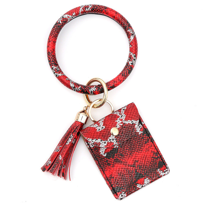 Leather Wristlet Circle Keychain Bangle Card Pocket for Women - soufeeluk