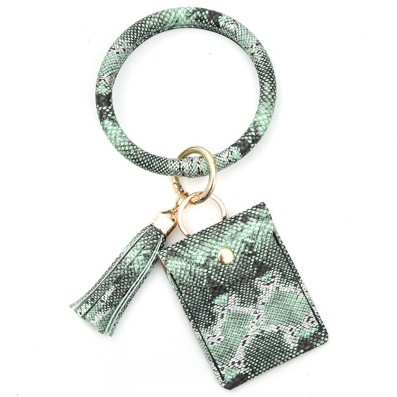 Leather Wristlet Circle Keychain Bangle Card Pocket for Women - soufeeluk