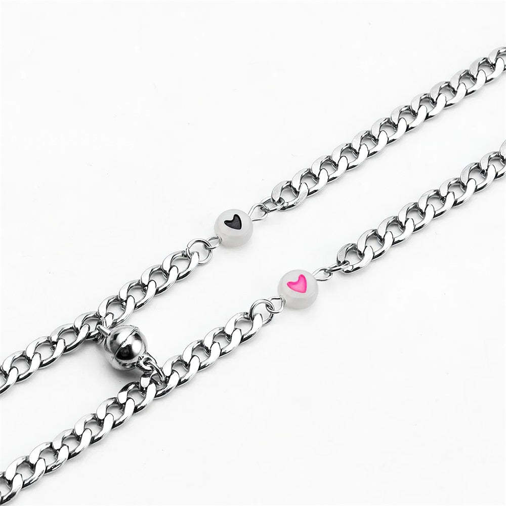 Couple Bracelet Magnet Stainless Steel Chain with Luminous Heart Birthday Gifts Lovers Boyfriend Girlfriend Him Her BFF 2 PCs - soufeeluk