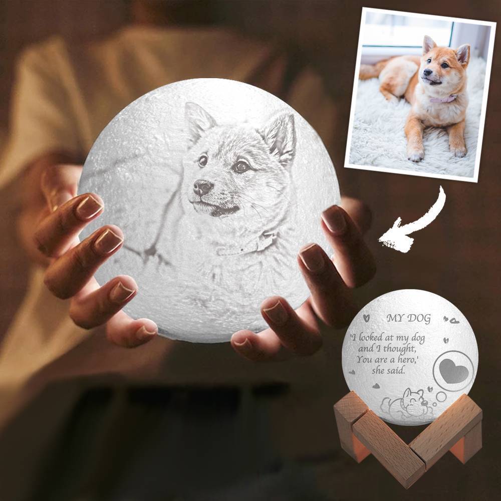 Photo Moon Lamp, Custom 3D Photo Light, Lamp Moon Cute Dog - Touch Two Colors 15cm Available