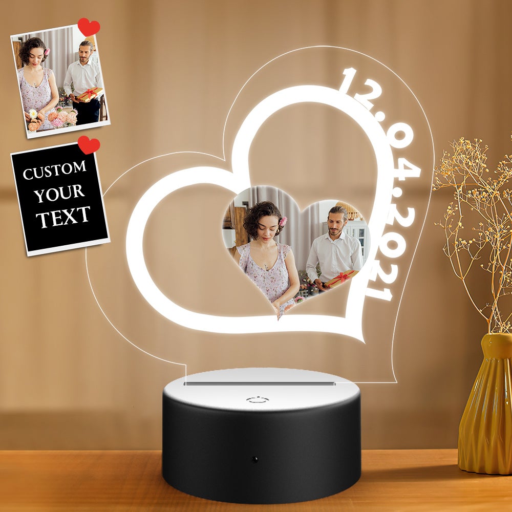 Custom Photo and Date Heart-shape Night Light Personalised Gifts 3D Illusion Heart-shape - soufeeluk